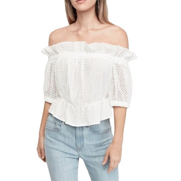 Express Tops - Express White Eyelet Lace Off Shoulder Ruffle Top Size L